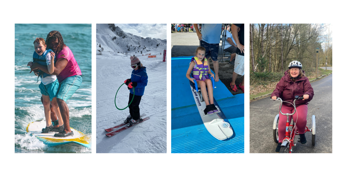 Collage of individuals surfing, biking, and skiing
