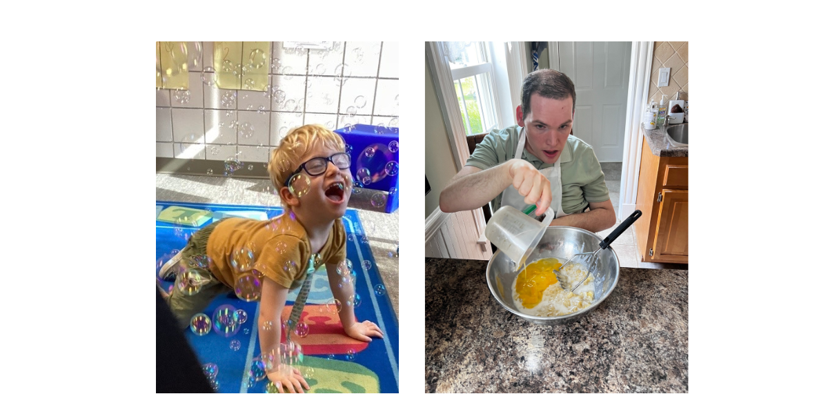 A boy playing with bubbles and an adult cooking 