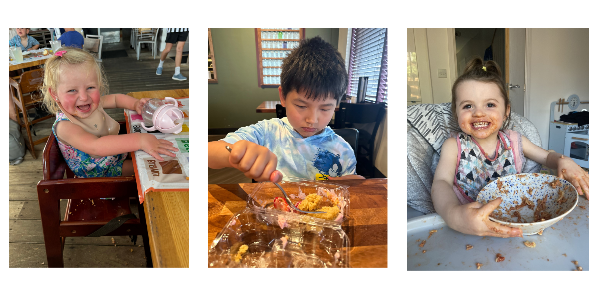 Three photos of children eating 